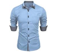 Camicia da uomo a 3/4 con bottoni, stile classico, stile vintage, vestibilità aderente, per l'estate e il lavoro, blu, XL
