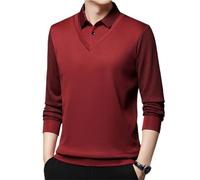 Camicia da uomo a due pezzi con risvolto a righe a maniche lunghe, camicie casual da lavoro, da uomo a maniche lunghe finto a due pezzi lavorato a maglia, Rosso vinaccia, L