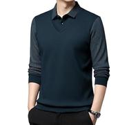 Camicia da uomo a due pezzi con risvolto a righe, pullover con risvolto con scollo a V, maglietta casual a maniche lunghe tinta unita, maglione casual a maniche lunghe, primavera autunno, Blu scuro,