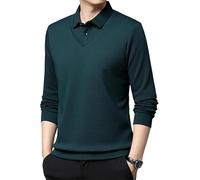 Camicia da uomo a due pezzi con risvolto a righe, pullover con risvolto con scollo a V, maglietta casual a maniche lunghe tinta unita, maglione casual a maniche lunghe, primavera autunno, Blu, 4XL