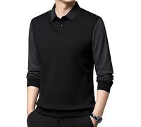 Camicia da uomo a due pezzi con risvolto a righe, pullover con risvolto con scollo a V, maglietta casual a maniche lunghe tinta unita, maglione casual a maniche lunghe, primavera autunno, Nero , XL