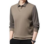 Camicia da uomo a due pezzi con risvolto a righe, pullover con risvolto con scollo a V, maglietta casual a maniche lunghe tinta unita, maglione casual a maniche lunghe, primavera autunno, cachi, XXL
