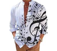 Camicia da Uomo a Manica Lunga con Collo alla Coreana Camicie con Stampa di Note Musicali Allentate Moda Primavera Estate Colore1 L