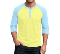 Camicia da uomo a maniche 3/4 baseball, stile Henley, con bottoni e collo a placchetta, casual, sportiva e atletica, in cotone e spandex, con maniche a contrasto, per sport e vacanze, Giallo, M