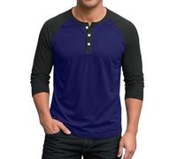Camicia da uomo a maniche 3/4 baseball, stile Henley, con bottoni e collo a placchetta, casual, sportiva e atletica, in cotone e spandex, con maniche a contrasto, per sport e vacanze, Blu scuro, L