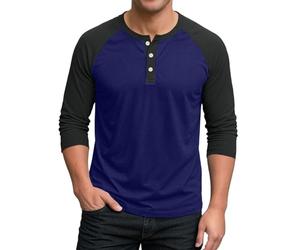 Camicia da uomo a maniche 3/4 baseball, stile Henley, con bottoni e collo a placchetta, casual, sportiva e atletica, in cotone e spandex, con maniche a contrasto, per sport e vacanze, Blu scuro, XL