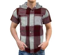 Camicia da uomo a maniche corte a quadri, camicie con cappuccio con bottoni e cappuccio leggere a quadri con cappuccio vestibilità rilassata top estivi patchwork blocchi di colore camicie da spiaggia