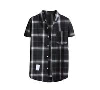 Camicia da uomo a maniche corte a quadri con vestibilità regolare, tessuto di flanella western, risvolto casual, design leggero e largo, adatta come camicetta da lavoro, 1A-nero, L