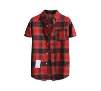 Camicia da uomo a maniche corte a quadri con vestibilità regolare, tessuto di flanella western, risvolto casual, design leggero e largo, adatta come camicetta da lavoro, 1b-rosso, L
