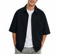 Camicia da uomo a maniche corte a taglio ampio Y2k Oversize Streetwear Giacca Camicetta per Primavera Estate Protezione Solare Colletto Imbottito Traspirante Leggero Sportivo Grandi Taglie Forti, Nero