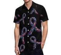 Camicia da Uomo a Maniche Corte con Bottoni e Scollo a V, Stile Hawaiano, con Motivo Piume e Farfalle, per la sensibilizzazione sul Cancro.
