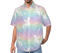 Camicia da Uomo a Maniche Corte con Bottoni, Stile Animali dei Sogni con Stampa Pegaso Arcobaleno, vestibilità Regolare, Camicie da Spiaggia Estiva Hawaiano, Aloha