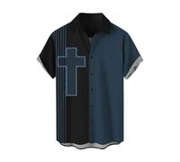Camicia da uomo a maniche corte con colletto alla coreana abbottonatura casual da golf da uomo UK Holiday Loose Fit tinta unita traspirante croce minimalista cristiano religioso Gesù t-shirt, Blu, L