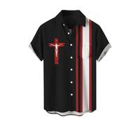 Camicia da uomo a maniche corte con colletto alla coreana abbottonatura casual da golf da uomo UK Holiday Loose Fit tinta unita traspirante croce minimalista cristiano religioso Gesù t-shirt, Rosso, S