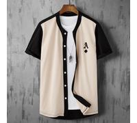 Camicia da uomo a maniche corte con colletto button-up, stampa a blocchi di colore e motivo carte da gioco, senza t-shirt, stile baseball L,M,S,XL,XXLBlocchi di coloreTessuto