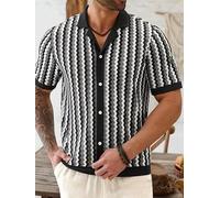 Camicia da uomo a maniche corte con colletto cubano lavorato a maglia, motivo ondulato, casual, per le vacanze, con bottoni, per l'estate