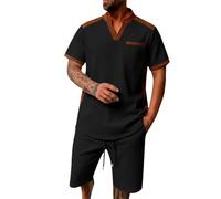Camicia da uomo a maniche corte con colletto rialzato, set da 2 pezzi, top morbidi delicati sulla pelle, pantaloni comodi con elastico in vita, per giardinaggio, pesca, campeggio