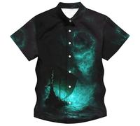 Camicia da uomo a maniche corte con motivo nave vichinga, fantasia con stampa nordica allover | Design atmosferico per gli appassionati di miti, Stil_p01 blu-verde, XL