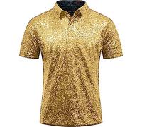 Camicia da uomo a maniche corte con paillettes e cerniera | 70s Nightclub Turndown top da uomo, stile glitter, Oro, 3XL
