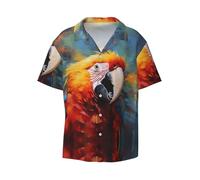 Camicia da uomo a maniche corte con stampa di pappagallo con piume colorate, camicia casual con bottoni, disponibile nelle taglie S-4XL, nero, L