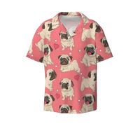 Camicia da uomo a maniche corte con stampa di un cucciolo di carlino divertente in stile casual con bottoni, camicia da uomo da spiaggia estiva da matrimonio, Nero , 4XL