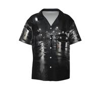 Camicia da uomo a maniche corte con stampa Street Scene Night, casual, con bottoni, taglie S-4XL, Nero, 3XL