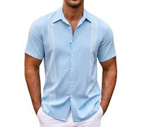 Camicia da uomo a maniche corte, estiva, leggera, traspirante, con colletto rovesciato, abbottonatura, vestibilità comoda, per attività all'aperto, a righe, elasticizzata, senza pieghe, casual