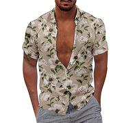Camicia da uomo a maniche corte hawaiane, leggera, slim fit, per il tempo libero, senza stiratura, con bottoni, casual, da spiaggia, per le vacanze, senza pieghe, Khaki-e, XXS