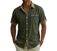 Camicia da uomo a maniche corte in cotone e lino, a maniche corte, con bottoni, leggera, ampia, traspirante, con tasca sul petto, motivo scozzese, resistente alle pieghe, casual, traspirante