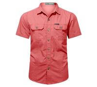 Camicia da uomo a maniche corte in cotone, per il tempo libero da uomo, con risvolto in tinta unita, con 2 tasche sul petto, maglietta estiva casual da uomo, camicia cargo con bottoni, Colore: rosso,
