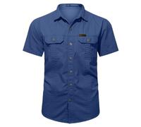 Camicia da uomo a maniche corte in cotone, per il tempo libero da uomo, con risvolto in tinta unita, con 2 tasche sul petto, maglietta estiva casual da uomo, camicia cargo con bottoni, Blu scuro, XL