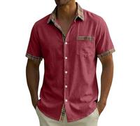 Camicia da uomo a maniche corte in lino, a quadretti, con inserto a contrasto, per il tempo libero, con tasca sul petto, traspirante, estiva, casual, tinta unita, per tutti i giorni, comoda colletto a