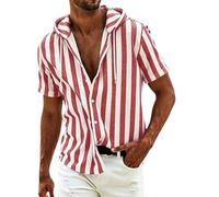 Camicia da uomo a maniche corte in lino a righe con cappuccio, casual, con bottoni, leggera, traspirante, per l'estate, le vacanze, l'uso quotidiano, Rosso, 3XL