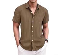 Camicia da uomo a maniche corte in lino con motivo a righe jacquard, vestibilità regolare, per l'estate e la vita quotidiana, camicia estiva nera per il tempo libero da uomo (3XL caffè)