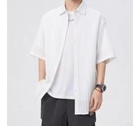 Camicia da uomo a maniche corte in lino con motivo a righe jacquard, vestibilità regolare, per l'estate e la vita quotidiana, camicia estiva nera per il tempo libero da uomo (3XL bianco)