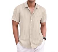Camicia da uomo a maniche corte in lino con motivo a righe jacquard, vestibilità regolare, per l'estate e la vita quotidiana, camicia estiva nera per il tempo libero da uomo (XL albicocca)