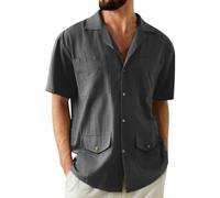 Camicia da uomo a maniche corte in lino, per il tempo libero, colletto cubano, a maniche corte, tinta unita, con 4 tasche, casual, da uomo, con bottoni, da uomo, Nero , XXL