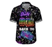 Camicia da uomo a maniche corte in poliestere con grafica neon retrò anni | Una camicia pull-on con stampa scura all-over e audace cassetta colorata e opere d'arte ispirate al decennio sul davanti.