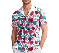 Camicia da uomo a maniche corte, per San Valentino, con motivo a cuore, vestibilità normale, colletto a risvolto, per uomini, feste, spiaggia, estiva, con bottoni, alla moda, Celeste., L
