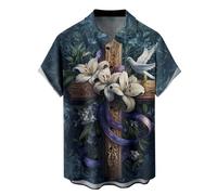 Camicia da uomo a maniche corte stampata croce giglio colomba e nastro camicia da uomo estate casual camicetta pasqua colletto con risvolto chiusura con bottoni, tasca sul petto per spiaggia Easter
