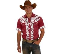 Camicia da uomo a maniche corte Western Cowboy Print casual Button Down Camp Shirt classico Passe Design per avventure eleganti, Colore: rosso, XXL