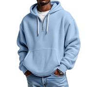 Camicia da uomo a maniche lunghe a nido d'ape, con cerniera a un quarto, a maniche lunghe, con cappuccio, oversize, casual, vestibilità larga, felpa con cappuccio invernale, Azzurro, XXL