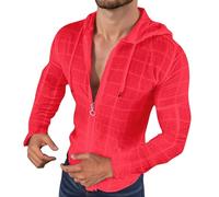 Camicia da uomo a maniche lunghe, a quadri, per tutte le stagioni, a maniche lunghe, con cappuccio, vestibilità normale, casual, con tasche, da uomo con cappuccio, O rosso., XXL