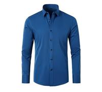Camicia da uomo a maniche lunghe aderente | tinta unita elasticizzata non si stira, con risvolto con bottoni per un abbigliamento elegante casual e moderno da ufficio, Blu, 3XL