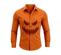 Camicia da uomo a maniche lunghe arancione stampata zucca viso sorridente che fa paura di Halloween da uomo, camicetta di grandi dimensioni, slim fit, senza stiratura, per feste casual, #01-arancione