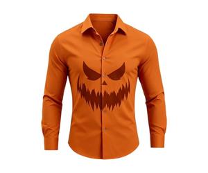 Camicia da uomo a maniche lunghe arancione stampata zucca viso sorridente che fa paura di Halloween da uomo, camicetta di grandi dimensioni, slim fit, senza stiratura, per feste casual, #01-arancione