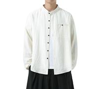 Camicia da uomo a maniche lunghe casual allentata in misto canapa misto canapa stile cinese primavera estate, Bianco sporco, XS