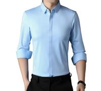 Camicia da uomo a maniche lunghe casual anti-rughe senza pieghe nascosta abbottonatura tinta unita senza cuciture, Blu-C01, M