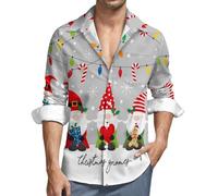 Camicia da uomo a maniche lunghe con bottoni, con scritta Merry Christmas Gnome1, scollo a V, casual, con bottoni, con tasca, nero, L