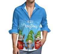 Camicia da uomo a maniche lunghe con bottoni, con scritta Merry Christmas Gnomo con scollo a V, casual, con bottoni e tasca, Nero, L